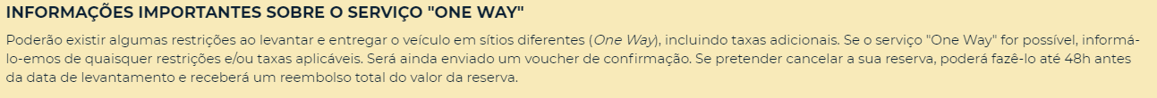 Informações sobre seu aluguer de carros one way