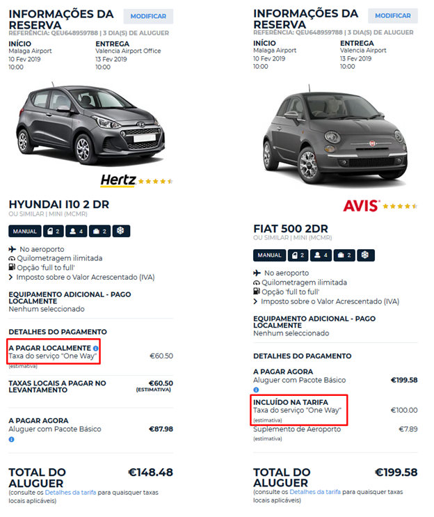 Taxa de one way incluída na tarifa / paga localmente